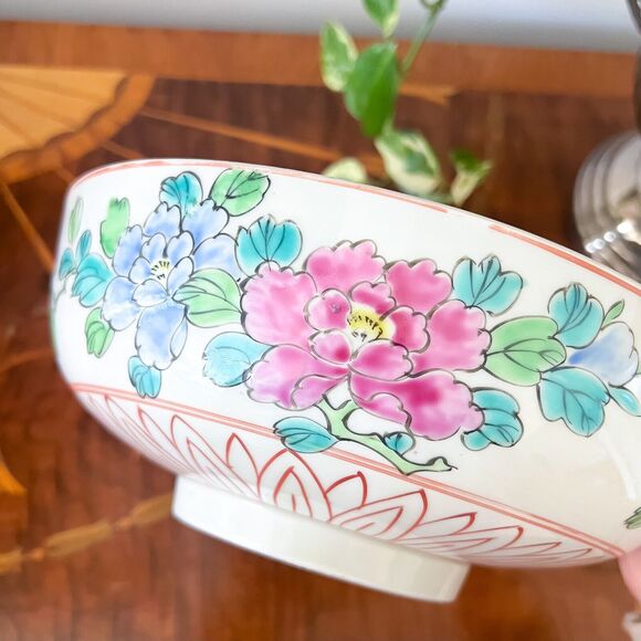 Vintage 10in Japanese Famille Noir Bowl Yamatoku Peony Black White Chinoiserie - Picture 7 of 9